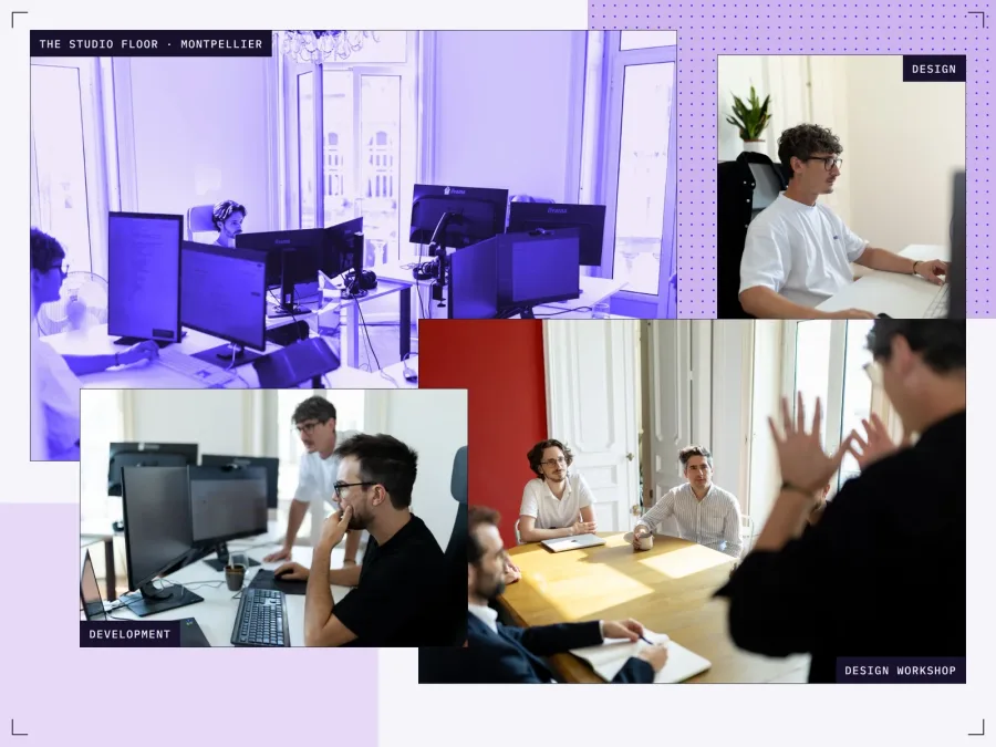 The Arkyan team at work: the studio floor in Montpellier, design, development and a design workshop